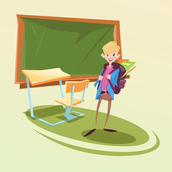 Skolpojke med ryggsäck i klassrummet School skrivbord — Stock vektor