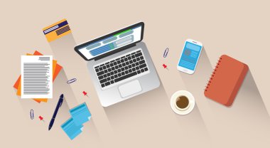 Workplace Desk Laptop Computer Cell Smart Phone Coffee Top Angle View