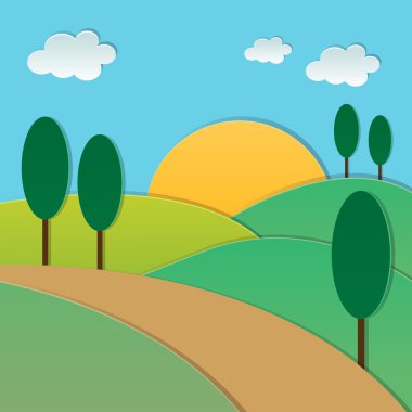 Yaz manzara yol mavi bulut gökyüzü güneş yeşil çim ile