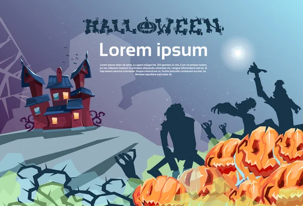 Happy Halloween Banner House with Ghosts Party Invitation Card — стоковый вектор