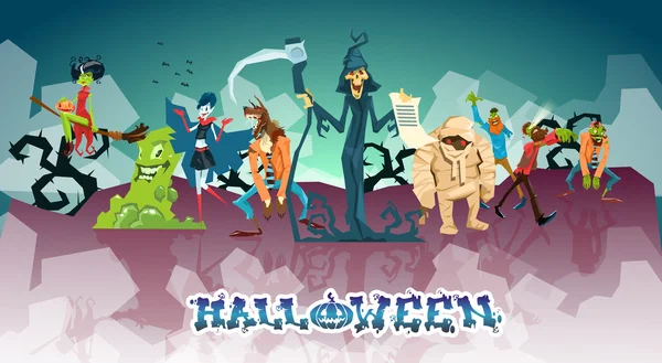 Halloween monsters collectie instellen Zombie vampier Ghost dood Grim Reaper Werewolf — Stockvector