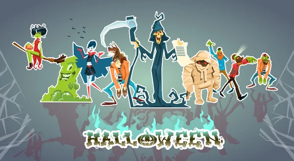 Halloween Monsters kolekcja zestaw zombie Wampir Ghost Death Grim Reaper wilkołak — Wektor stockowy