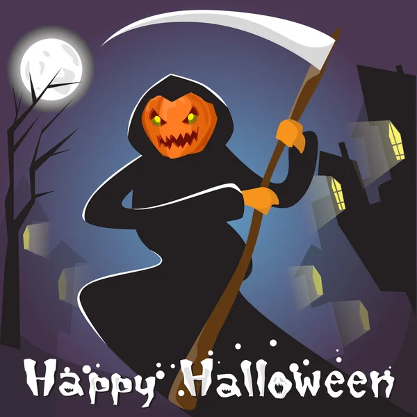 Grim Reaper med pumpa ansikte håll Scythe Happy Halloween banner gratulationskort — Stock vektor