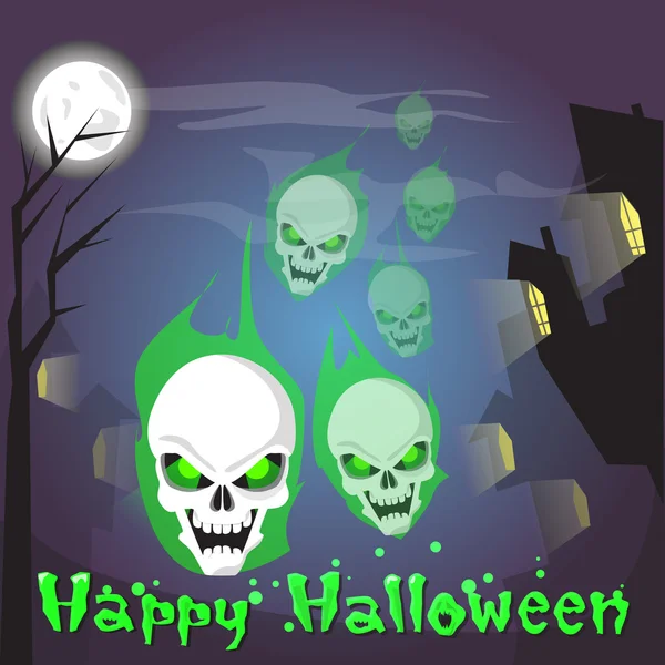 Gelukkige Halloween schedel menselijk hoofd Ghost banner eng gezicht — Stockvector