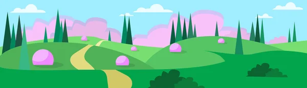抽象的夏日风景路蓝云天空与太阳绿草森林 — 图库矢量图片