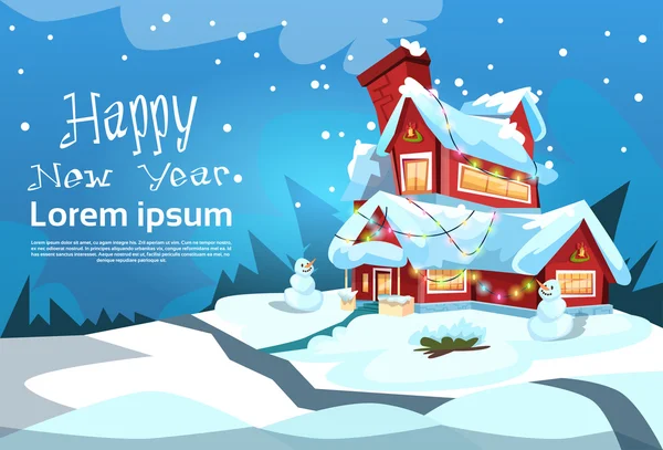 Παραμονή Χριστουγέννων σπίτι διακοπών χειμώνα χιόνι, χιονάνθρωπος δώρο το νέο έτος ευχετήρια κάρτα — Διανυσματικό Αρχείο