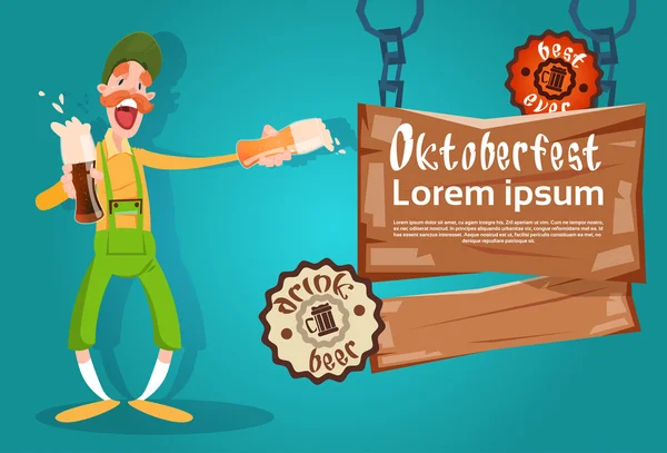 Barbudo hombre celebrar vasos de cerveza Oktoberfest Festival Banner — Vector de stock