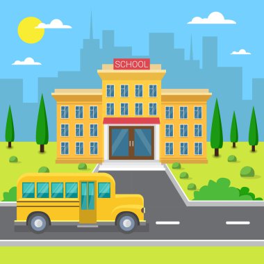Okul Binası Dış Sarı Otobüs Şehir Görünümü