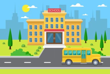 Okul Binası Dış Sarı Otobüs Şehir Görünümü
