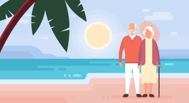 Seaside Sea Shore Arka Plan Üzerinde Kıdemli Çift Büyükanne Ve Büyükbaba