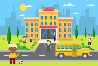 Okul binası dış sarı otobüs okul grubu