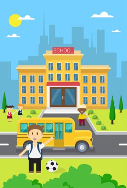 Okul binası dış sarı otobüs okul grubu