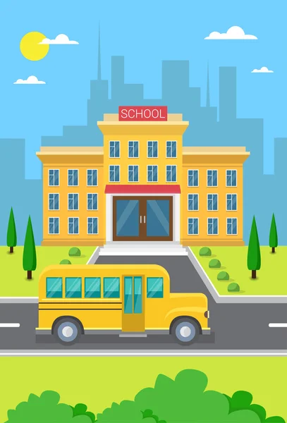 Szkoła budynek zewnętrzny Yellow Bus widok na miasto — Wektor stockowy