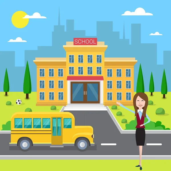 Σχολικό κτίριο εξωτερικά δάσκαλος κοντά στο κίτρινο λεωφορείο — Διανυσματικό Αρχείο