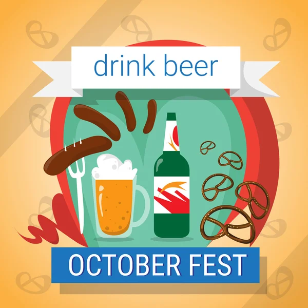 Μπύρα μπουκάλι γυάλινη κούπα με λουκάνικο κουλουράκι Oktoberfest Φεστιβάλ πανό — Διανυσματικό Αρχείο