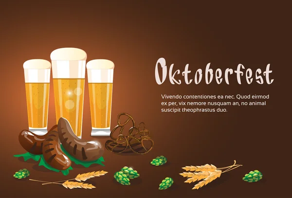 Taza de cristal de cerveza con salchicha Pretzel Oktoberfest Festival Banner — Vector de stock