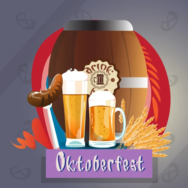 Μπύρας γυαλί κούπα με λουκάνικο βαρέλι Oktoberfest Φεστιβάλ Banner — Διανυσματικό Αρχείο