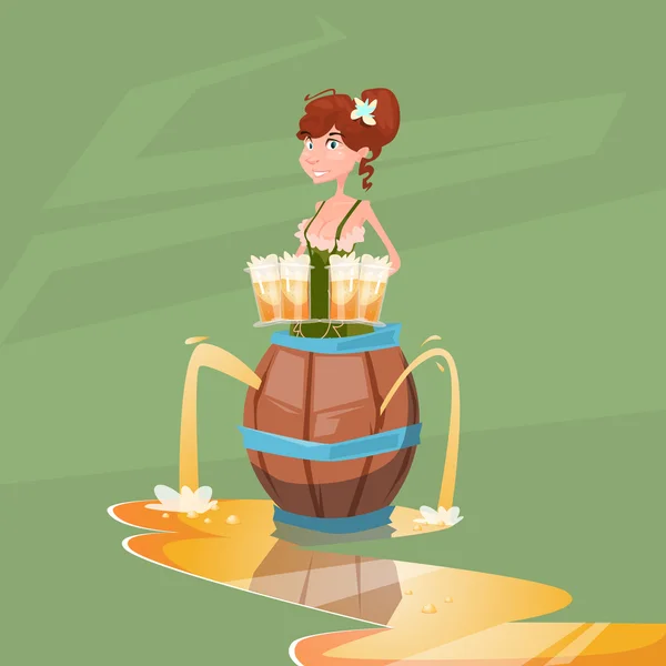 Chica camarera celebrar vasos de cerveza barril de madera Oktoberfest Festival Banner — Vector de stock