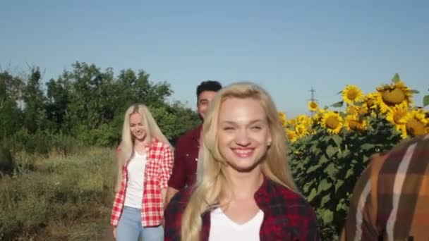 Gente grupo amigos caminando campo camino feliz sonrisa, verano — Vídeos de Stock