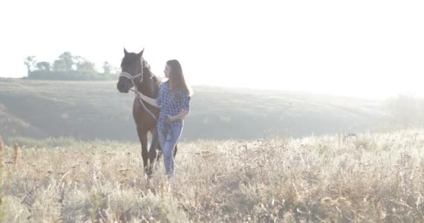 Frau führt Pferd zu Fuß Feld Sonnenaufgang Cowgirl Landschaft — Stockvideo