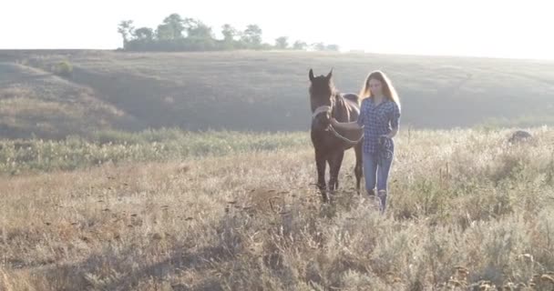 Kvinna leda hästen walking fältet sunrise cowgirl landsbygden — Stockvideo