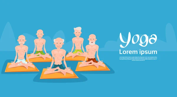 Seniorengruppe sitzt in Yoga-Lotus-Position und macht entspannende Übungen — Stockvektor