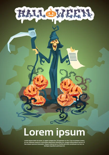 Grim Reaper tenez Scythe liste Happy Halloween Party Invitation carte — Image vectorielle