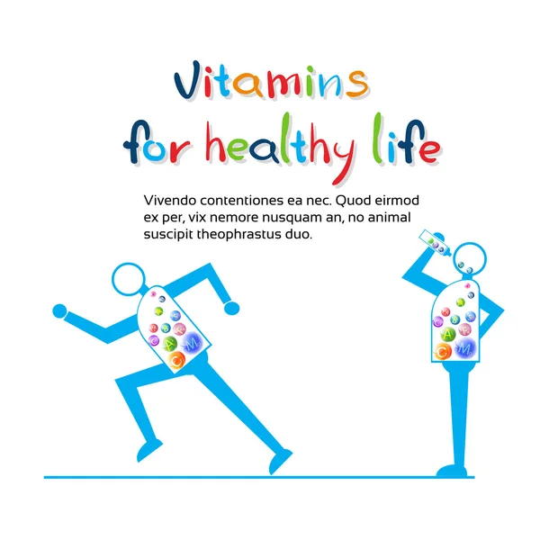 Starke Zeichentrickfigur laufen, essen Vitamine gesundes Leben Banner mit Kopierraum — Stockvektor