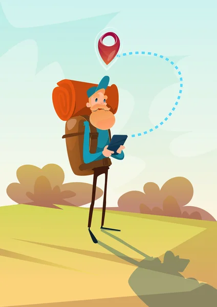 Traveler Man Hiking Using Tablet Navigation Outdoor Trekking Tourism Royalty Free Stock Illustrations