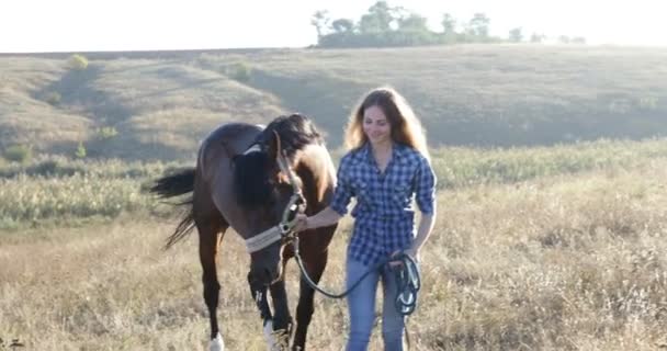 Frau führt Pferd zu Fuß Feld Sonnenaufgang Cowgirl Landschaft — Stockvideo