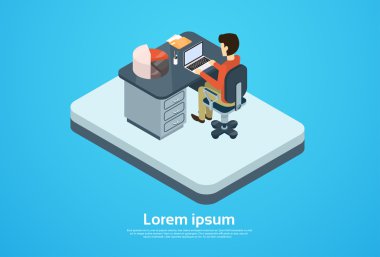 İş adamı iş bilgisayar Laptop çalışma alanı kopyasını alan 3d izometrik