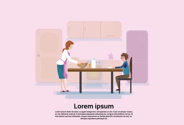 Mère avec fils dans la cuisine, Garçon Manger le petit déjeuner matin — Image vectorielle