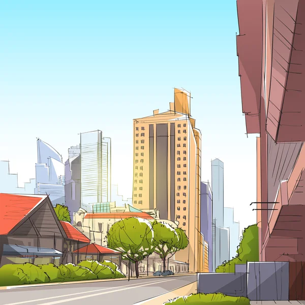 City Street Gökdelen Görünümü Sketch Cityscape — Stok Vektör