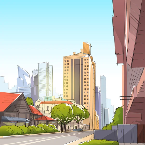 City Street wolkenkrabber Bekijk schets Cityscape — Stockvector