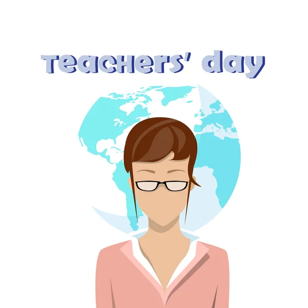 International Teacher Day Holiday Woman Over World Map Background - Stok Vektor