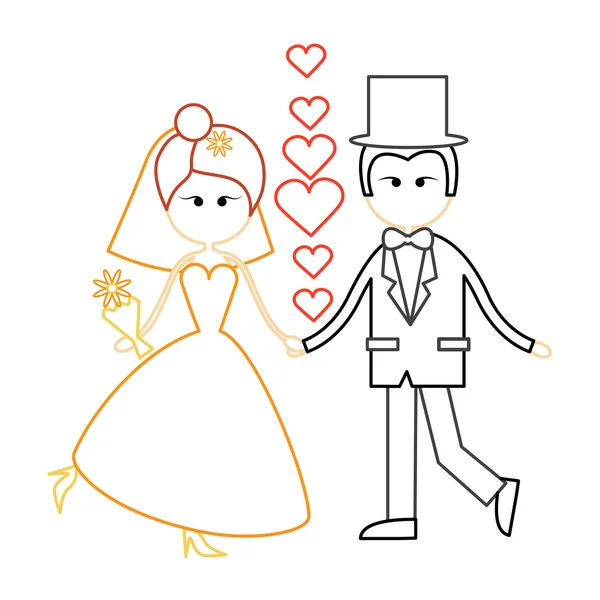 Dessin animé Mariage Couple Fiance et mariée portent robe de mariée tenant les mains Danse — Image vectorielle