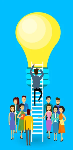Asian Business People Group Businessman Climb Up Ladder Stairs To Light Bulb New Idea Concept — Stock Vector