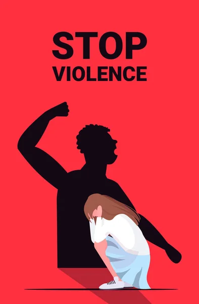 Shadow of furious angry man raised punishment fist over scared woman stop family violence and aggression concept — Stock Vector