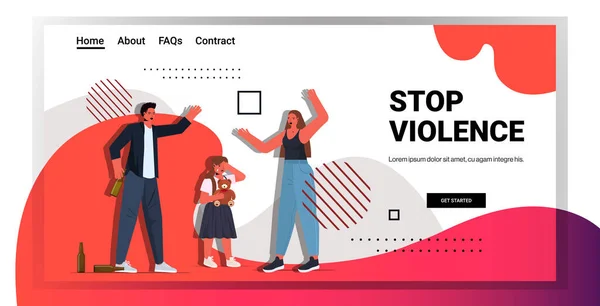 Malá plačící dívka naslouchat rodiče křičí a hádky násilí v rodinném pojetí horizontální — Stockový vektor