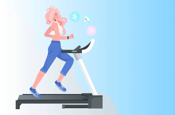 Kvinna som springer på löpband fitness cardio träning träning hälsosam livsstil koncept — Stock vektor