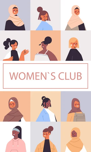 Set mix ras meisjes avatars vrouwen club vereniging van feministen concept portretten collectie verticaal — Stockvector