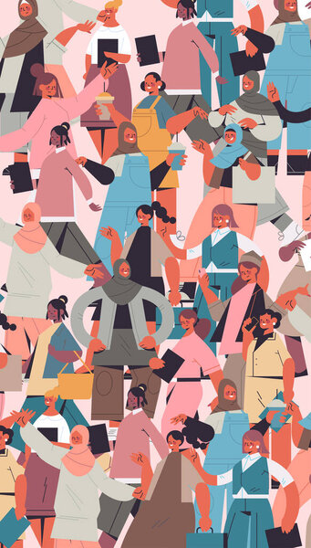 mix race girls of different nationalities and cultures standing together female empowerment movement womens power union of feminists concept vertical portrait vector illustration