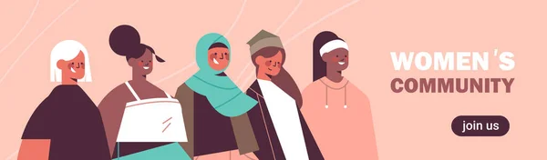 Mix ras flickor står tillsammans kvinnlig egenmakt rörelse kvinnors makt förening av feminister koncept — Stock vektor