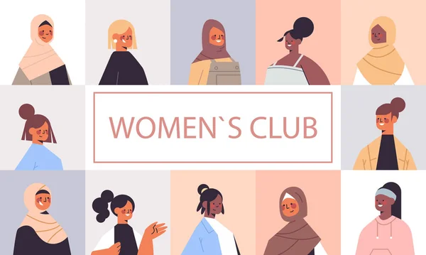 Set mix ras meisjes avatars vrouwen club vereniging van feministen concept portretten collectie — Stockvector