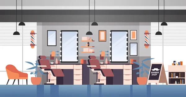 Barbería moderna vacía ninguna gente salón de belleza interior horizontal — Vector de stock