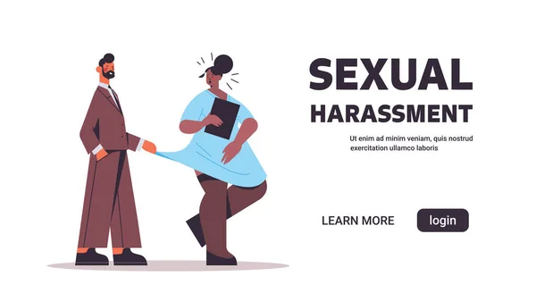 Affärsman ofredar kvinnlig anställd sexuella trakasserier på arbetsplatsen koncept lustfull chef röra secretarys klänning — Stock vektor