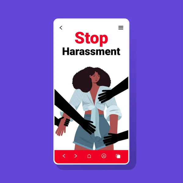 Férfi kéz megérinti afro-amerikai nő hagyja abba a zaklatás és a visszaélés nincs szexuális erőszak koncepció — Stock Vector