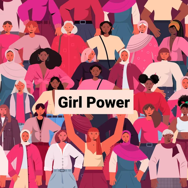 Mescolare le ragazze di razza in piedi insieme femminile empowerment movimento femminile unione di potere del concetto femminista — Vettoriale Stock