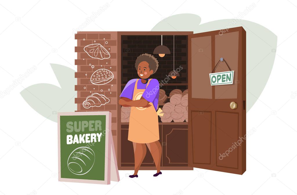 female baker in uniform selling fresh bakery products in baking shop