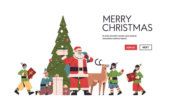 Santa Claus con elfos en máscaras protectoras preparando regalos feliz año nuevo feliz Navidad celebración de las fiestas — Vector de stock